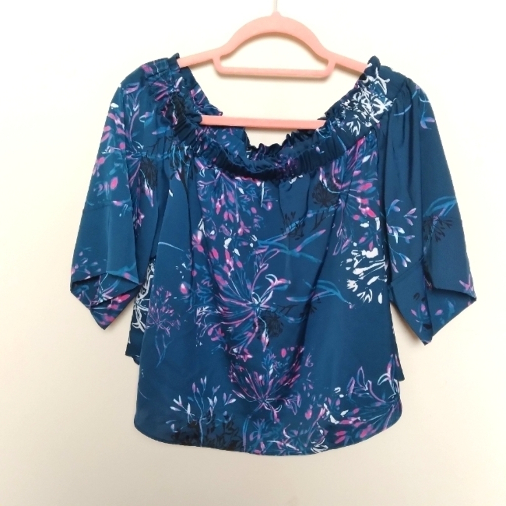 Rachel Rachel Roy Shirred Printed Teal Off the Shoulder Blouse Size Large - Picture 2 of 9